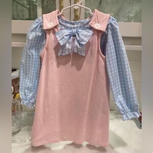 The Beaufort Bonnet Company Pink Jumper and Blue Gingham Bow Shirt